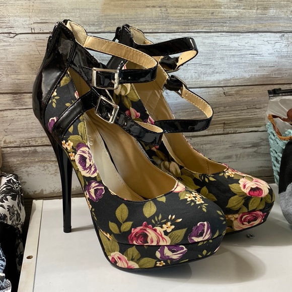 6” Strappy stiletto heels platform floral print - Picture 2 of 7